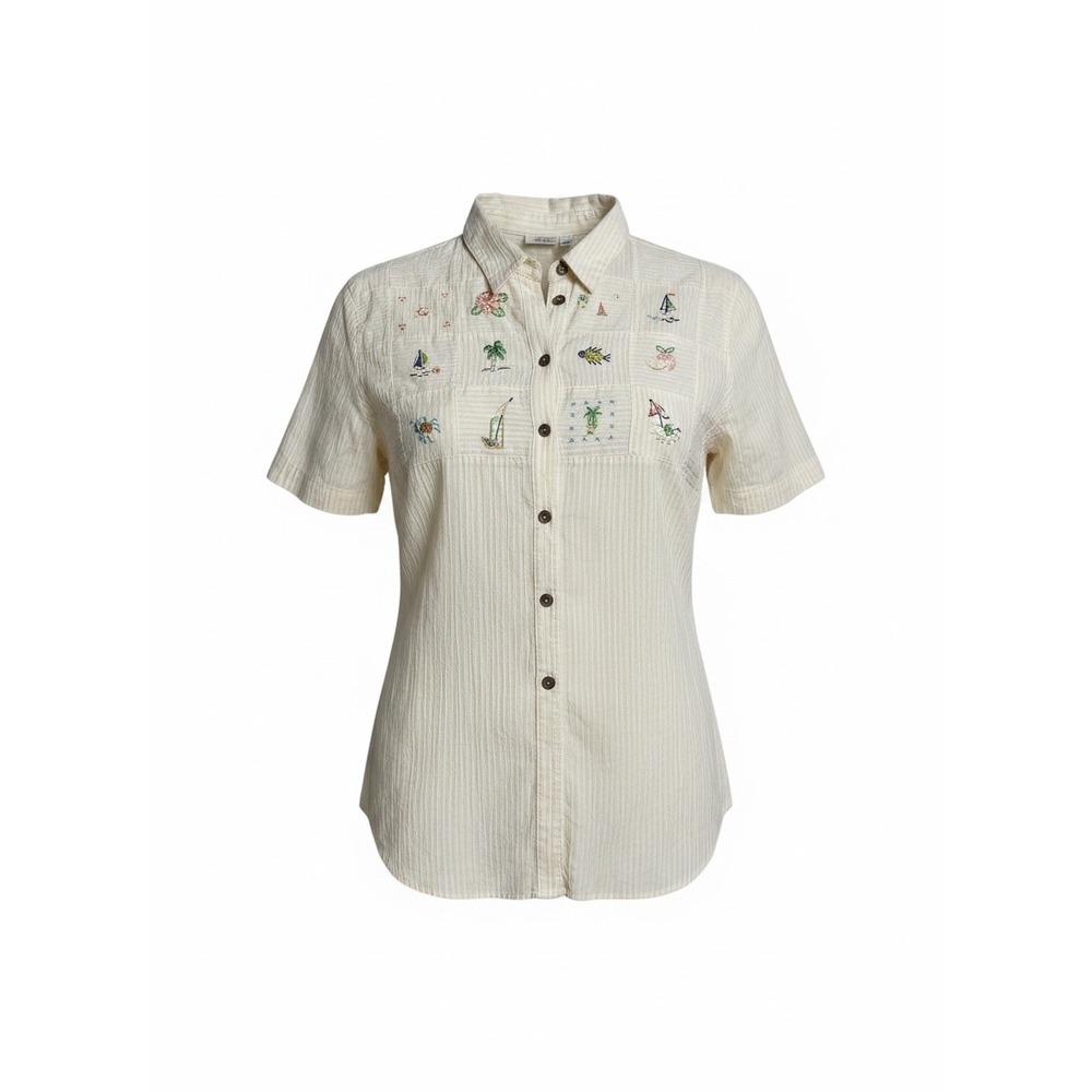 Koret Francisca Womens XL Yellow Seersucker Beach Embroidered Button Down Shirt